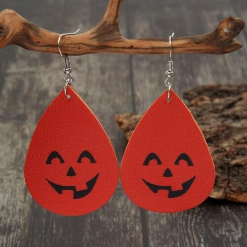 2021 Wholesale European and American New Halloween Jewelry Personalized Water Drop Smiling Face Pumpkin Leather Earrings