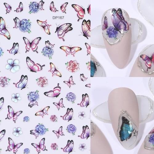 3D Holographic Laser Butterfly Nail Stickers Gradient Colorful Butterfly Rose Hydrangea Nail Sliders Decal For Nail Decoration