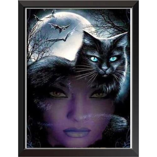 5D Diamond Painting Black cat abstract woman face moonlight bat Square Round Rhinestones DIY Drills Diamond Embroidery A494