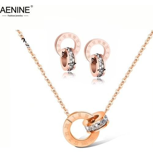 AENINE Mosaic CZ Crystal Double Circle Pendant Necklace & Stud Earrings Stainless Steel Wedding Jewelry Sets For Women ASE002