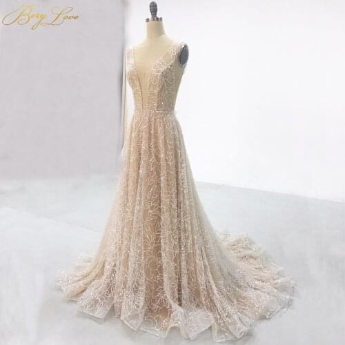 Sparkle Champagne Evening Dress Elegant Gown Long Sexy V Neck Formal Shiny Prom Dress with Train Robe De Soire Sequi Dress New