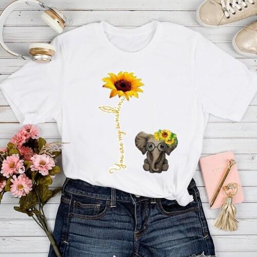T-shirts Women Sunflower Floral Elephant Casual Fashion Short Sleeve Tshirt Top Lady Stylish Sexy Print Clothes Tee T-Shirt