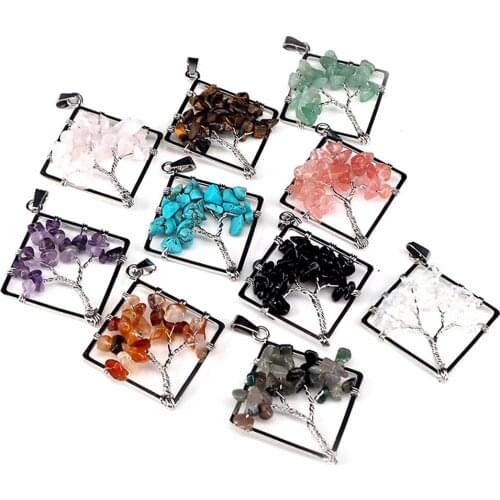 ICNWAY 30*30mm square Tree of Life stone Pendants Manual Winding Jewelry
