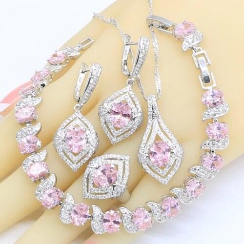Geometric Pink Zircon 925 Silver Jewelry Sets for Women Bracelet Hoop Earrings Necklace Pendant Ring Gift Box