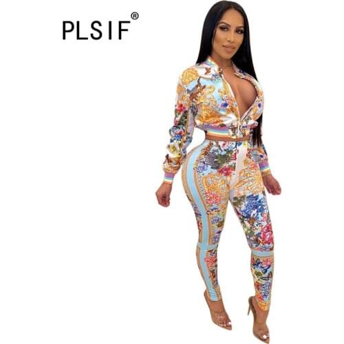 Fashion long sleeve tops and long pant suit autumn vintage print 2 pieces tracksuit for women casual outfits