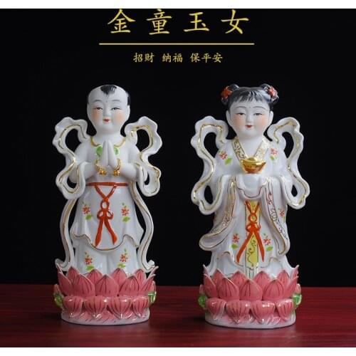 Wholesale Buddha figure A pair -TOP HOME family Talisman Buddhism GUANYIN TONGZI maidens The Golden Couple color Ceramic statue