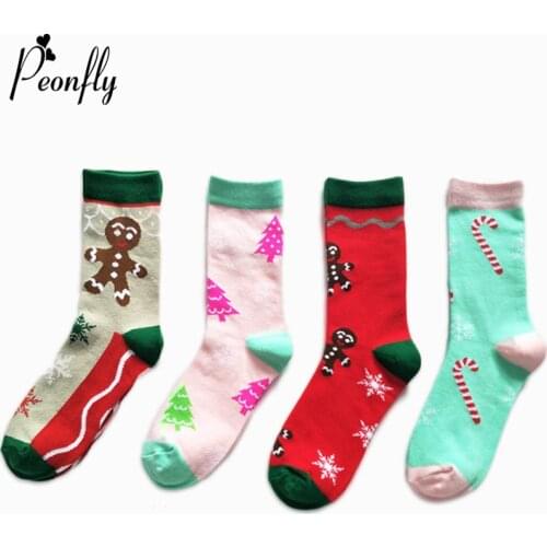 PEONFLY Christmas Tree Small Umbrella Gingerbread Stitching Color Socks Fashion Personality Cartoon Pattern Cotton Socks