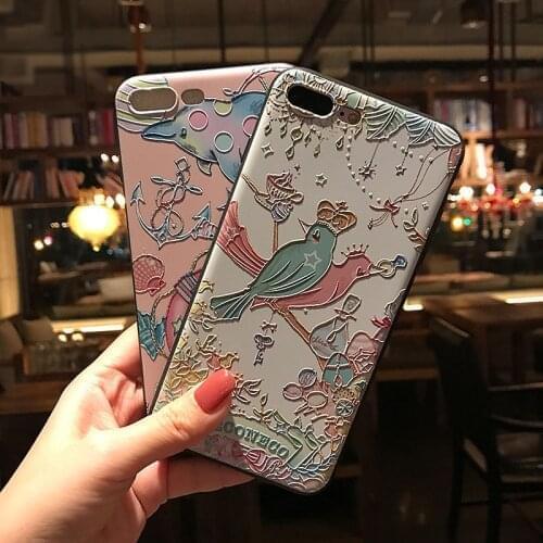 Embossed Dolphin Bird Phone Case for iPhone 6 7 8Plus X XS MAX XR 11 12 ProMax Capa Cartoon Girl flower Soft Back Cover Coque