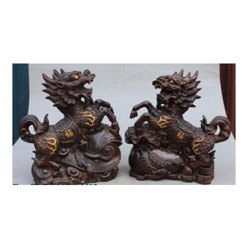 RHS0164 11" Chinese Bronze Gilt Wealth Money Bag Dragon Beast kylin Unicorn Statue Pair