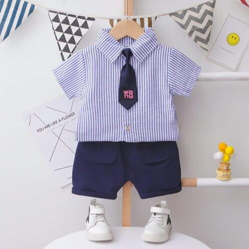 NEW Children Clothes Summer Kid Boys Girl Strips Lapel Shirt Blouses Shorts Tie 2Pcs/Set Baby Toddler Clothing Infant Sportswear