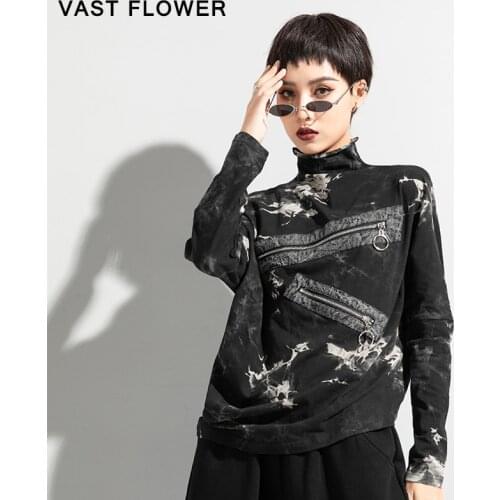 Print Pattern Irregular T Shirt Women New Zipper Turtleneck Long Sleeve Fashion Loose Casual Tops Clothes Spring Autumn 2021