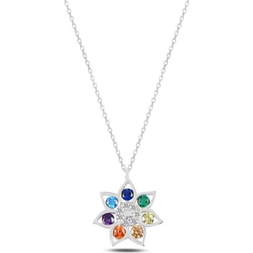 Silver 925 Sterling Flower Colorful Zircon Stone Necklace