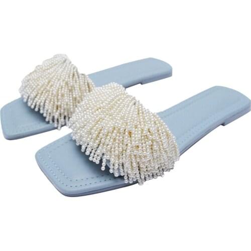 2021 Summer Modern Slippers Pearl Handmade String Bead Tide Flats Slippers Holiday Beach Slides Sky Blue Elegant Flip Flops Shoe