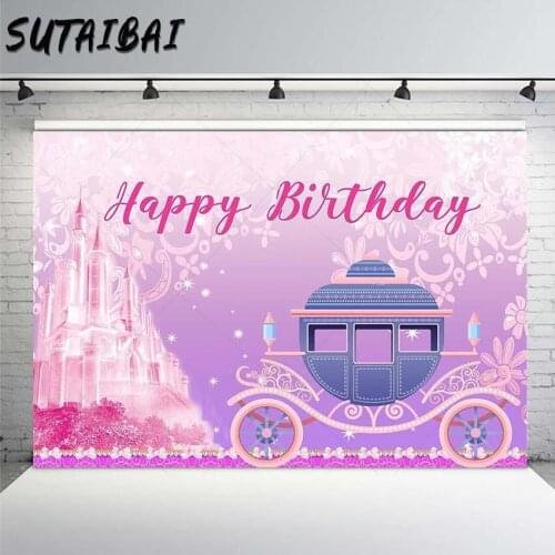Fairy Tale Castle Palace Princess Pumpkin Carriage Backdrop Custom Birthday Party Decorations Girls Pink Background Photo Studio