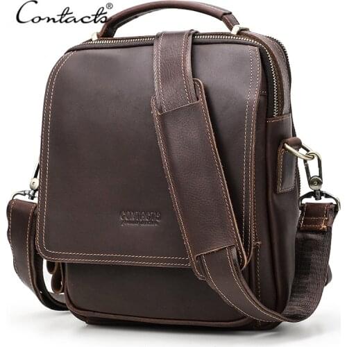 CONTACTS Crazy Horse Leather Men Messenge Bag Vintage Crossbody Shoulder Bags Multifunction Small Handbag for 10.5" iPad Bolso