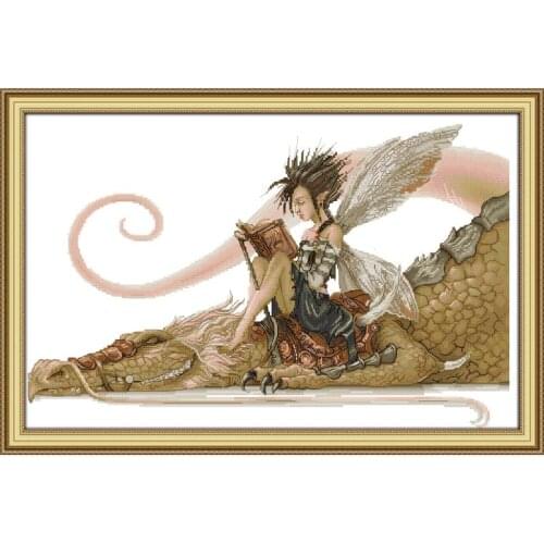 Joy Sunday Cross Stitch The Girl Sat On The Dragon Reading A Book Stamped 11CT 14CT Needlework Animal Style For Cross Stitch Kit