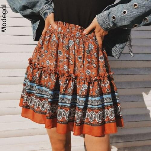Modegal Womens Bohemian Floral Mini Skirts Ruffle High Waisted Shirred A Line Summer Boho Beach Short Skirt