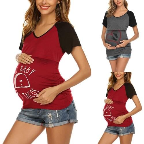 Women Maternity Breastfeeding Tee Ruched Nursing Tops Love Footprint Print Short Sleeve T-shirt Pregnancy Clothes Pregnant Tees