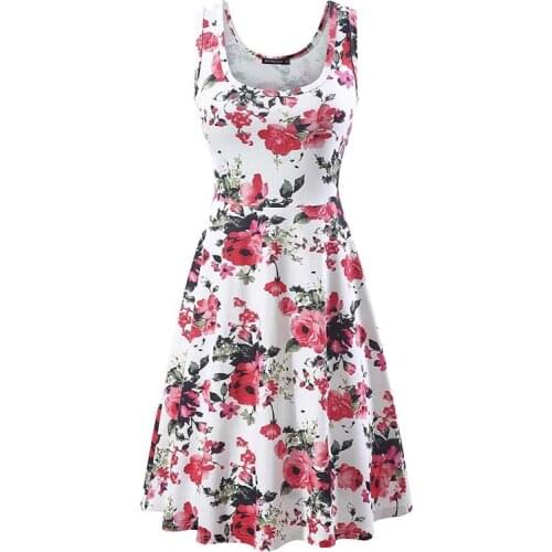 Summer Women Rose Flower Strap Sleeveless O-neck Pullover Beach Holiday Bodycon Midi A Line Dress