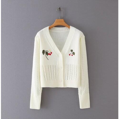 Women sweater retro cherry heavy industry embroidery V-neck knitted hollow cute knitted cardigan female jacket