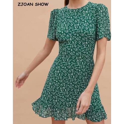 2021 Retro Women Short Sleeve Dress Elegant Round Collar Green Small Flower Print Ruffle Hem Mini Dresses Slim fit Vestido