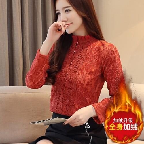 Winter Fall Fashion Women Sweet Lady Stand Collar Lace Fleece Warm Thick Tee Shirt , Woman Female 3xl Thick Slim Tops Shirts