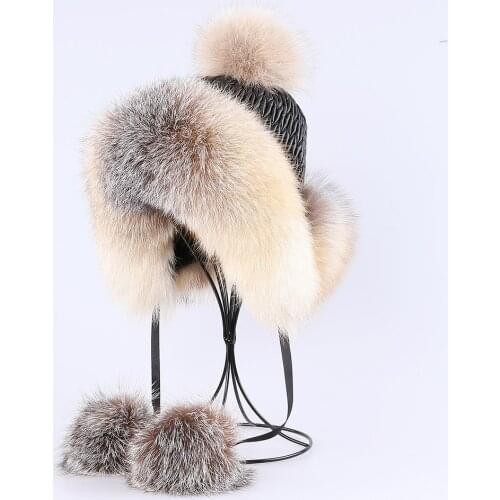 2021 Winter Unisex 100% Real Fox Fur Bomber Hat Ushanka Cap Trapper Russian Man Ski Hats Caps