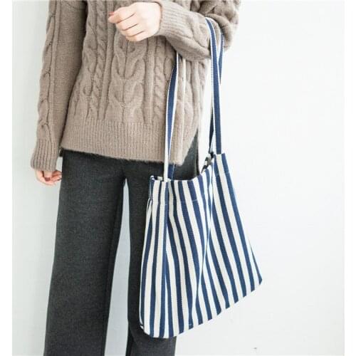 2019 fashion Cotton Stripe Canvas Shopping Tote Shoulder Carrying Bag Eco Reusable handbags Zippered Small red lager capacity