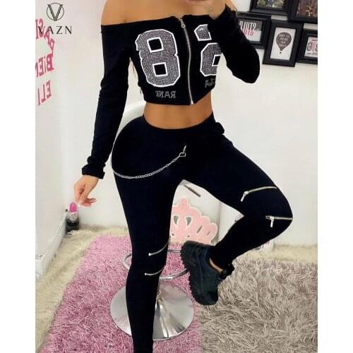VAZN 2021 Autumn High-end Black Letter Diamonds Sexy Slash Neck Full Sleeve Group Long Pencil Pants Slim Women 2 Piece Set