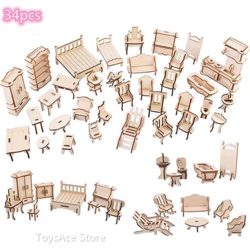 34PCS 3D Wooden Puzzle Toy 1:12 Mini Wooden Furniture 3D Building Model Doll House Accessories DIY Children Educational Toys