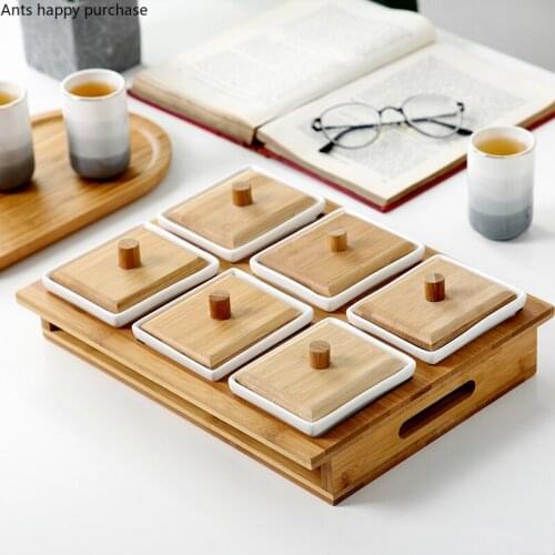 White Ceramic Snack Plate Snacks Platter Wood Cover Glass Cover Wood Pallets Snacks Dried Fruit Plate Set Fruit Bowl Candy Tray