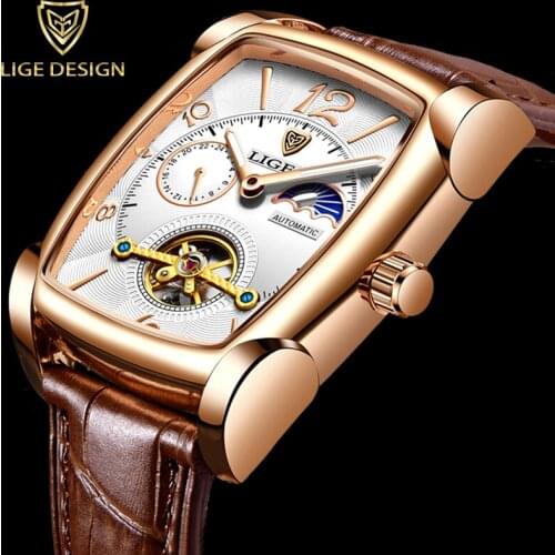 LIGE Mens Watches Square Automatic Watch for Men Tourbillon Clock Genuine Leather Waterproof Mechanical Watch Relogio Masculino