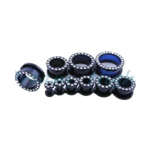 Black Acrylic Tunnels with crystal Clear Gem Stone Blackline Multi Jewelled Flesh Tunnel Ear Plugs Ear Expander