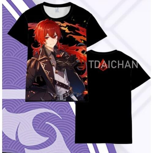 Genshin Impact T-Shirt Cosplay Costume Keqing Venti Barbara Diluc Cartoon Printed Short Sleeve Tops Fashion Unisex Kids Adult