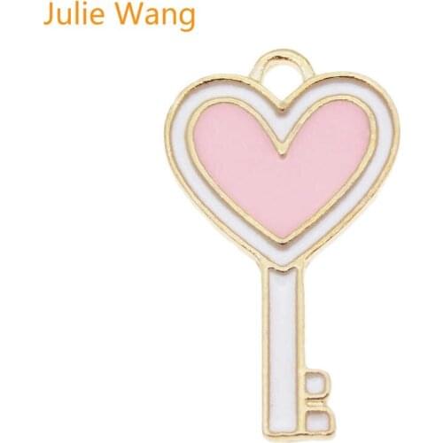 Julie Wang 10pcs Enamel Pink Heart Key Shape Charms Alloy Gold Tone Pendant Necklace Bracelet Jewelry Making Accessory
