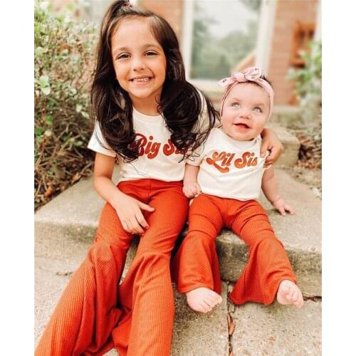 Big/Little Sister Matching Clothes Set Toddler Baby Short Sleeve Romper/T-shirt Tops and Trumpet Pants with Headband Outfits