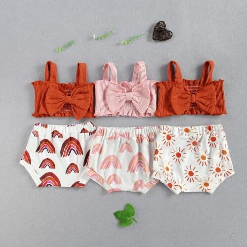 Lioraitiin 0-24M Newborn Baby Girl 2Pcs Clothing Set Toddler Sleeveless Solid Bow Cotton Vest Top Shorts 3Colors