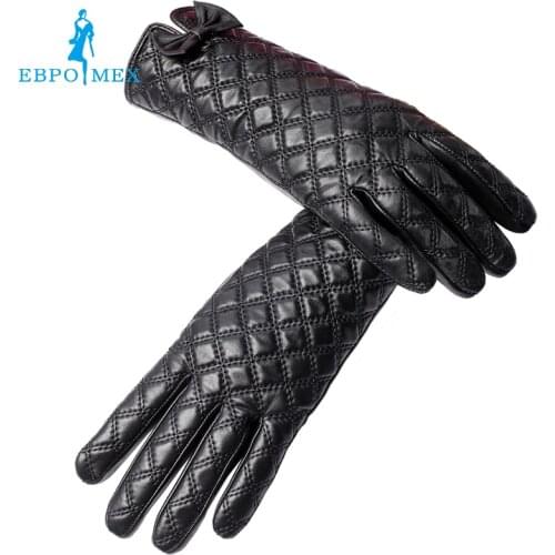 Creamy-white leather women gloves,Floral,Genuine Leather,gray checkered leather gloves,Leather gloves for women,Female gloves