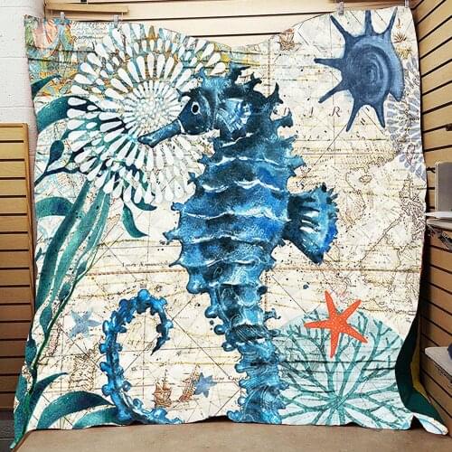 Seascape Lightweight Quilt Beach Ocean Themed Bedspread Coastal Marine Life Seahorse Turtle Comforter Seaside Throw Blanket