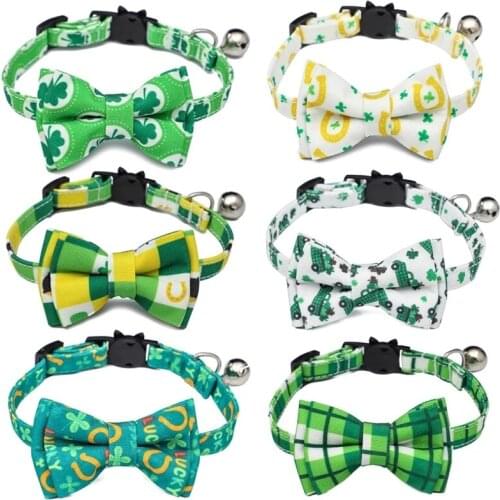 Summer Green Bowknot Cat Collars with Bell Adjustable Safe Buckle Kitten Necklace Plant Pattern Puppy Yorkie Bow Tie Accessories