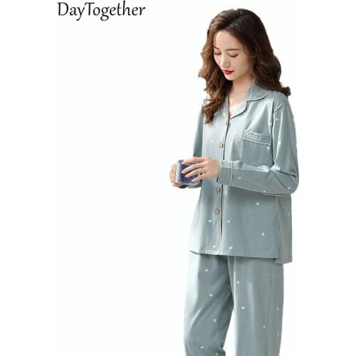 Summer Womens Cotton Pajamas Casual Long-Sleeved Pants Large Size Female Homewear Color Blue Gray Women 2-Piece Suit Nightgown