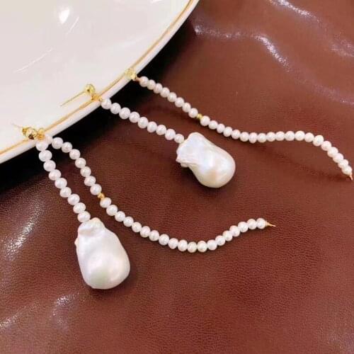 Best seller female Handmade natural white baroque shape real pearl beads earring safe 925 silver stud long earring wedding gift