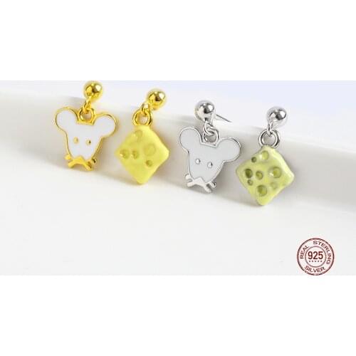 LKO New Arrive 925 Sterling Silver Cute Small Mouse And Cheese Stud Earrings for Women Fashion Asymmetric Pendants Ear Jewelry