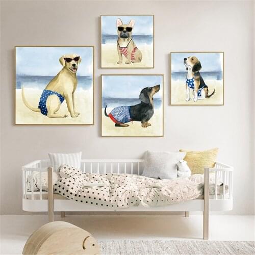 Cute Bikini Dog Poster Prints Funny Animal Wall Print Canvas Painting Sea Beach Kids Room Decor Wall Pictures for Living Room