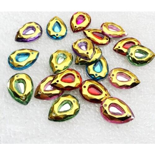 Mix 200 PCS/lot 13*18mm AB Resin Gold Plating Rhinestone Flatback Water Drop Sewing buttons for clothing 2 Holes -A91A*5