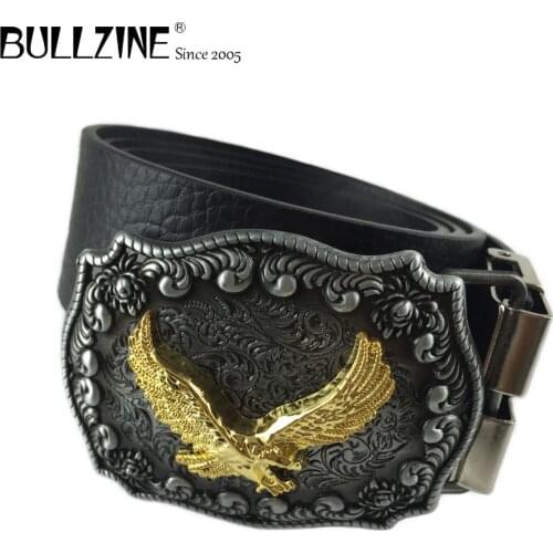 The Bullzine western flying eagle mens cowboy belt buckle with pewter finish with PU belt connecting clasp FP-03523