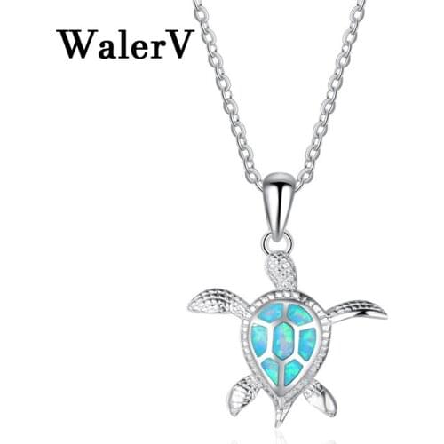 WalerV New for Womens Set Fashion Lovely Imitation Blue Five Opal Turtle Shape Pendant Necklace Wedding Jewelry Charm Gift