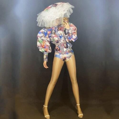 Women Rave Party Sexy Outfit GOGO DJ DS Singer Costume Bubble Sleeve Shorts Hat Headdress Festival Wear Model Stage Clothes 1936