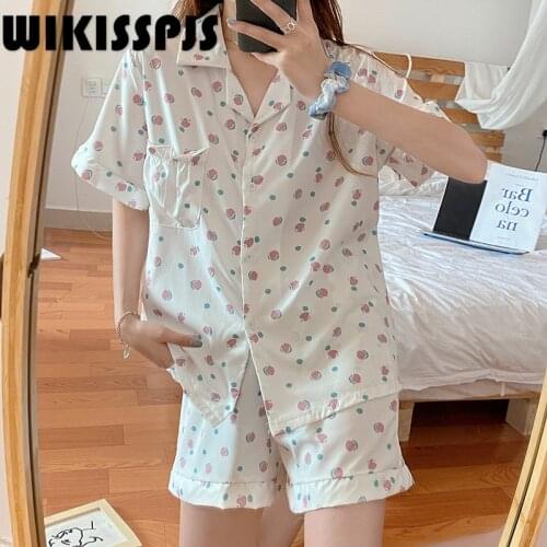 WIKISSPJS Pajamas Womens New Summer Casual Lovely Home Wear Two Piece Set Kawaii Pajama Pajamas for Teen Girls Sleep Tops