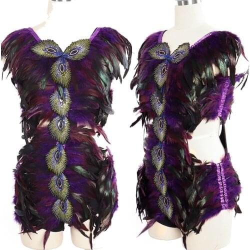 Festive Rave Luxurious Feathers Skirt Elastic Harness Strap Stage Performance Backless Dress Sexy Women Goth Bondage Suspenders
